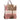 Backpack with patterned fabric and brown leather accents on a white background