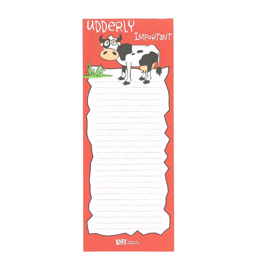 Magnetic list notepad with a black and white cow design, 'Udderly Important' title, 50 easy-tear sheets, size 11” x 4.25”