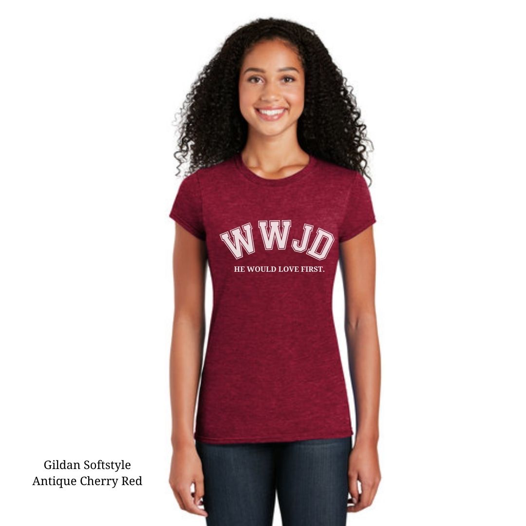 WWJD Women's Cotton T-Shirt: Antique Cherry Red. Spread love with every wear.