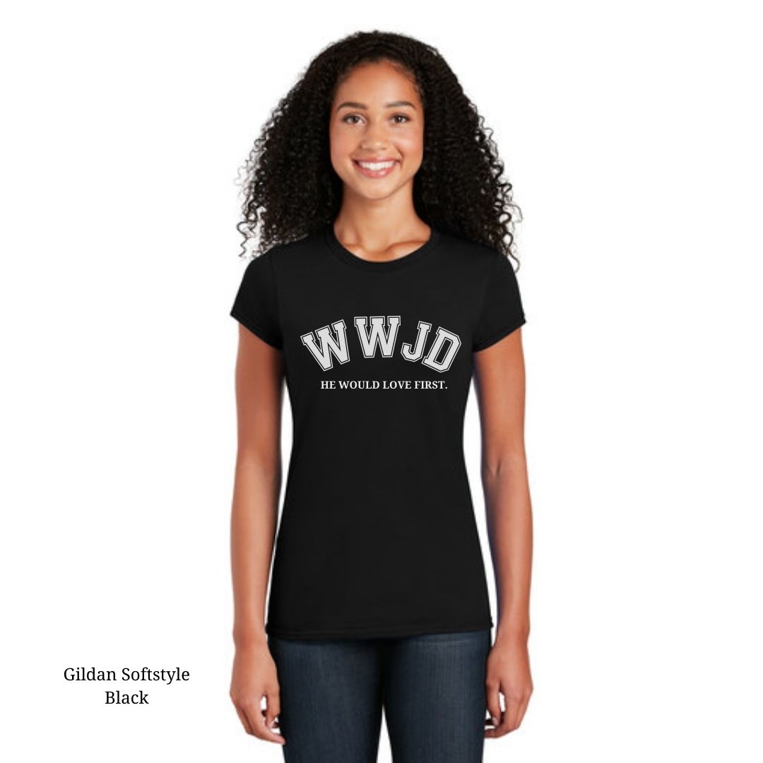 WWJD Women's Cotton T-Shirt: Black. Spread love with every wear.