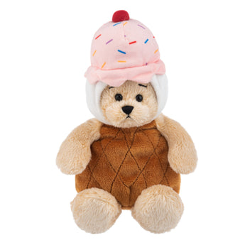 Wee Bears Ice Cream plush teddy bear dressed in waffle cone outfit with pink sprinkle ice cream hat and cherry on top.