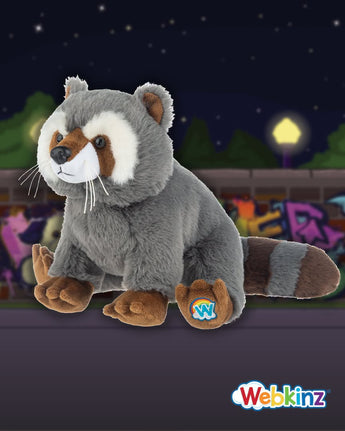 Ganz Webkinz Raccoon plush with gray fur, brown-and-white facial markings, striped tail, and embroidered Webkinz paw logo.