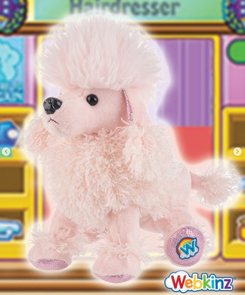 Ganz Webkinz Pink Poodle plush with pale pink fur, fluffy topknot, curly accents, pom-pom tail, and sparkly pink paw pads.