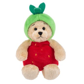 Wee Bears Strawberry plush teddy bear wearing red strawberry outfit with green leafy hood.