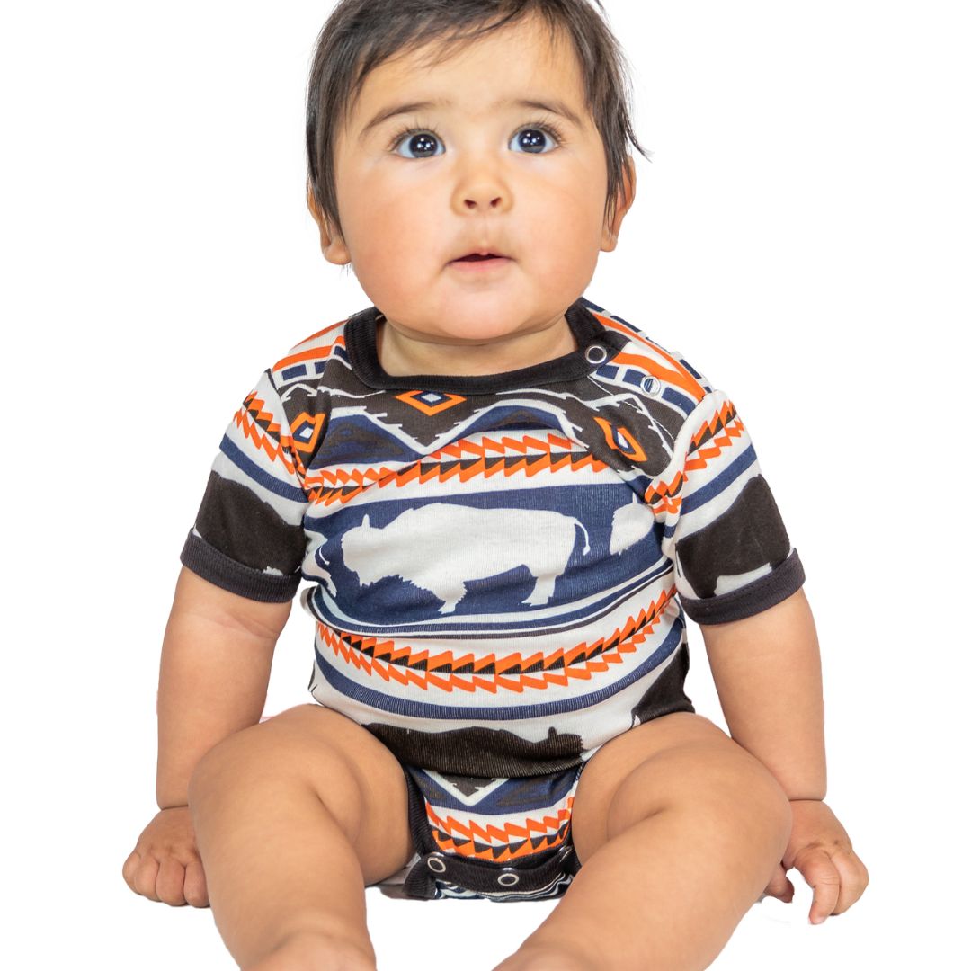 Western Buffalo Print Baby Bodysuit with contrasting trim and snapped crotch in Dress Blue, Carrot Orange, Cocoa Brown, and Natural.