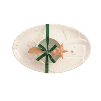 White snowman holiday tray and dip set - stoneware with bowl and spreader - Chivilla Bay