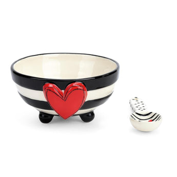 Black and white striped candy bowl with sculpted red heart and matching polka dot designed by artist Tracy Pesche.