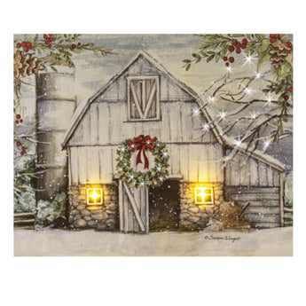 Winter Barn Scene Canvas with LED Lights that twinkle and change color.