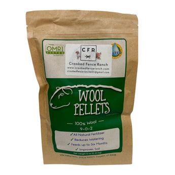 8 oz bag of 100% wool fertilizer pellets from Crooked Fence Ranch - all-natural, slow-release, improves soil, made in Utah.