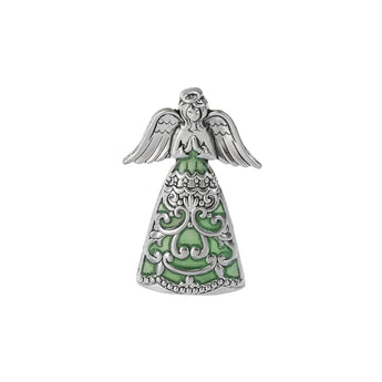 Silver guardian angel charm with green glow accents.