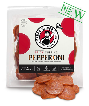 Packaged spicy cupping pepperoni with Urban Slicer Pizza Works branding on a white background.