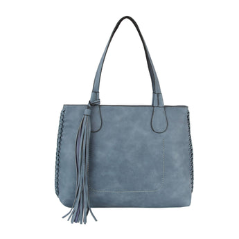light blue hobo bag with leather tassels and top handle