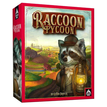 Board game box for 'Raccoon Tycoon' with a raccoon character holding a lantern and a scenic background.