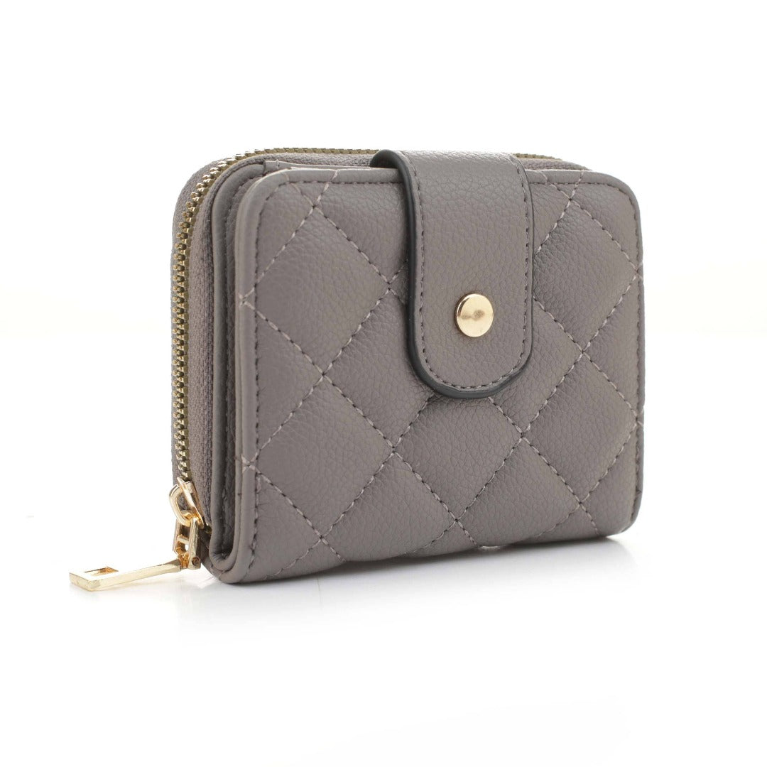 Grey Lucy Quilted Wallet with snap and zipper closures.