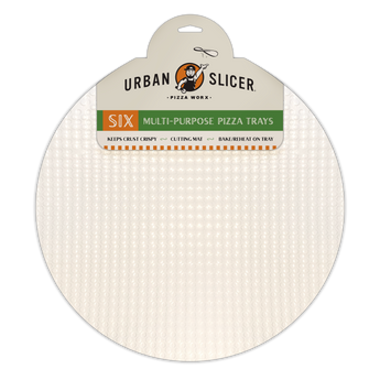 Packaging of Urban Slicer multi-purpose pizza trays on a white background