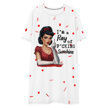 Oversized white nightshirt with retro woman flipping middle finger and humorous I’m a Ray of Fcking Sunshine text graphic.