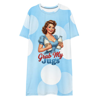 Oversized blue nightshirt with retro woman holding milk jugs and humorous Grab My Jugs text graphic.