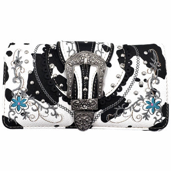 Cow print western crossbody wallet with buckle detail in black faux cowhide