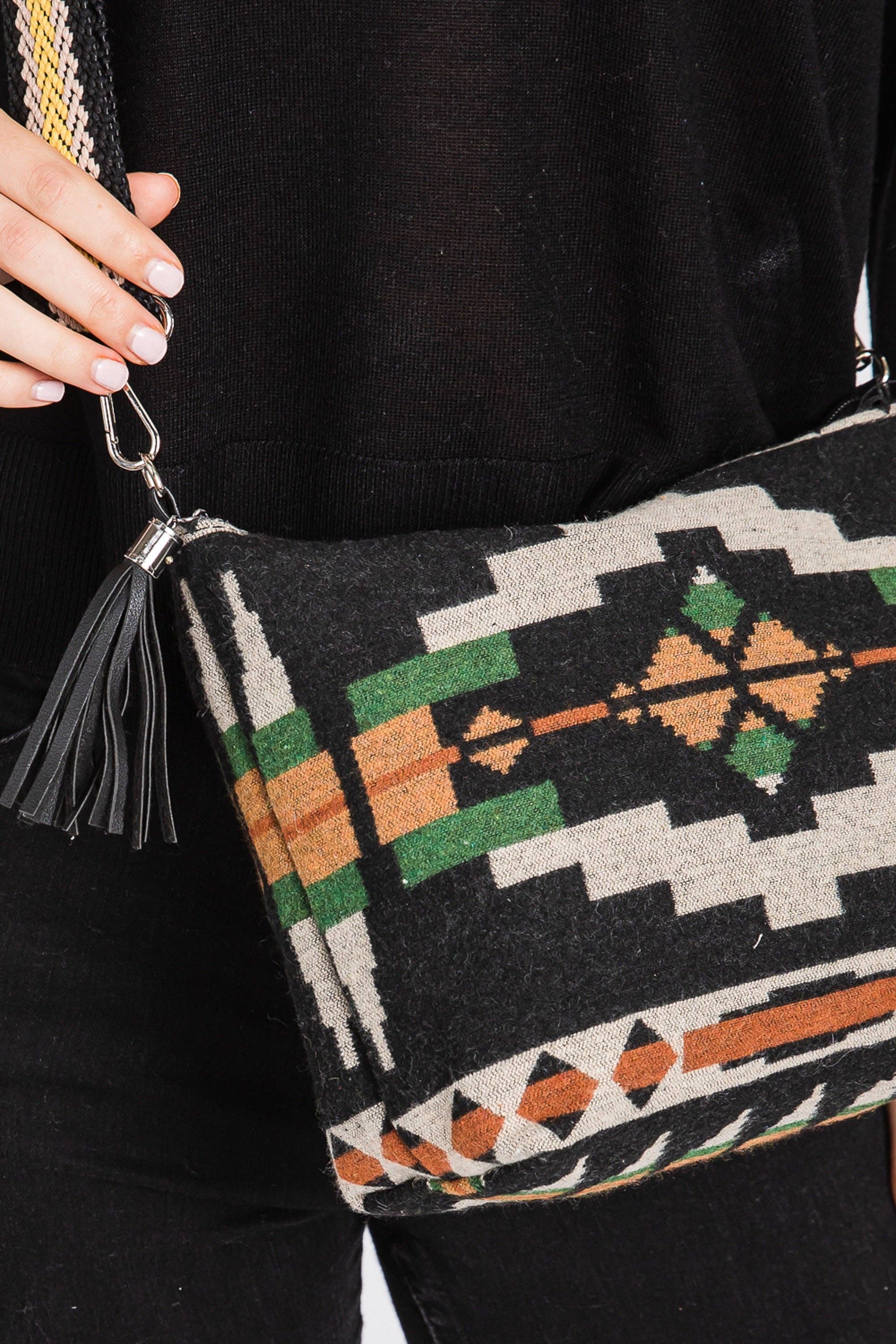 Olive Aztec Handbag with Crossbody Strap and Tassel