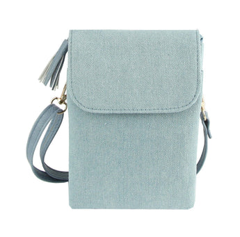 Light blue crossbody bag with a flap closure on a white background