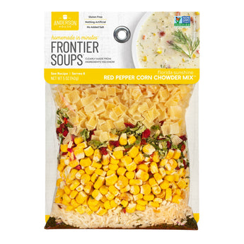Package of Frontier Soups Red Pepper Corn Chowder Mix on a white background