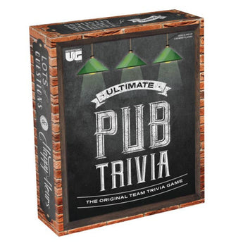 Ultimate Pub Trivia game box with chalkboard design and green lights for family and party game trivia nights