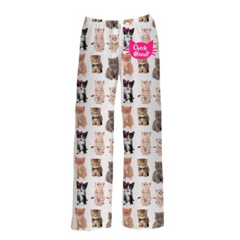 Womens Cat Print Pajama Lounge Pants with Check Meowt printed on them. Featuring assorted adorable kittens in many colors and positions.