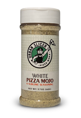 Bottle of Urban Slicer White Pizza Mojo seasoning on a white background