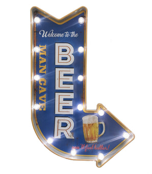 Decorative sign with 'Welcome to the Man Cave Beer' text and a beer mug graphic on a blue background.