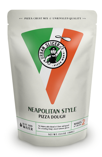 Packaging of Urban Slicer Neapolitan Style Pizza Dough with Italian flag design on a white background