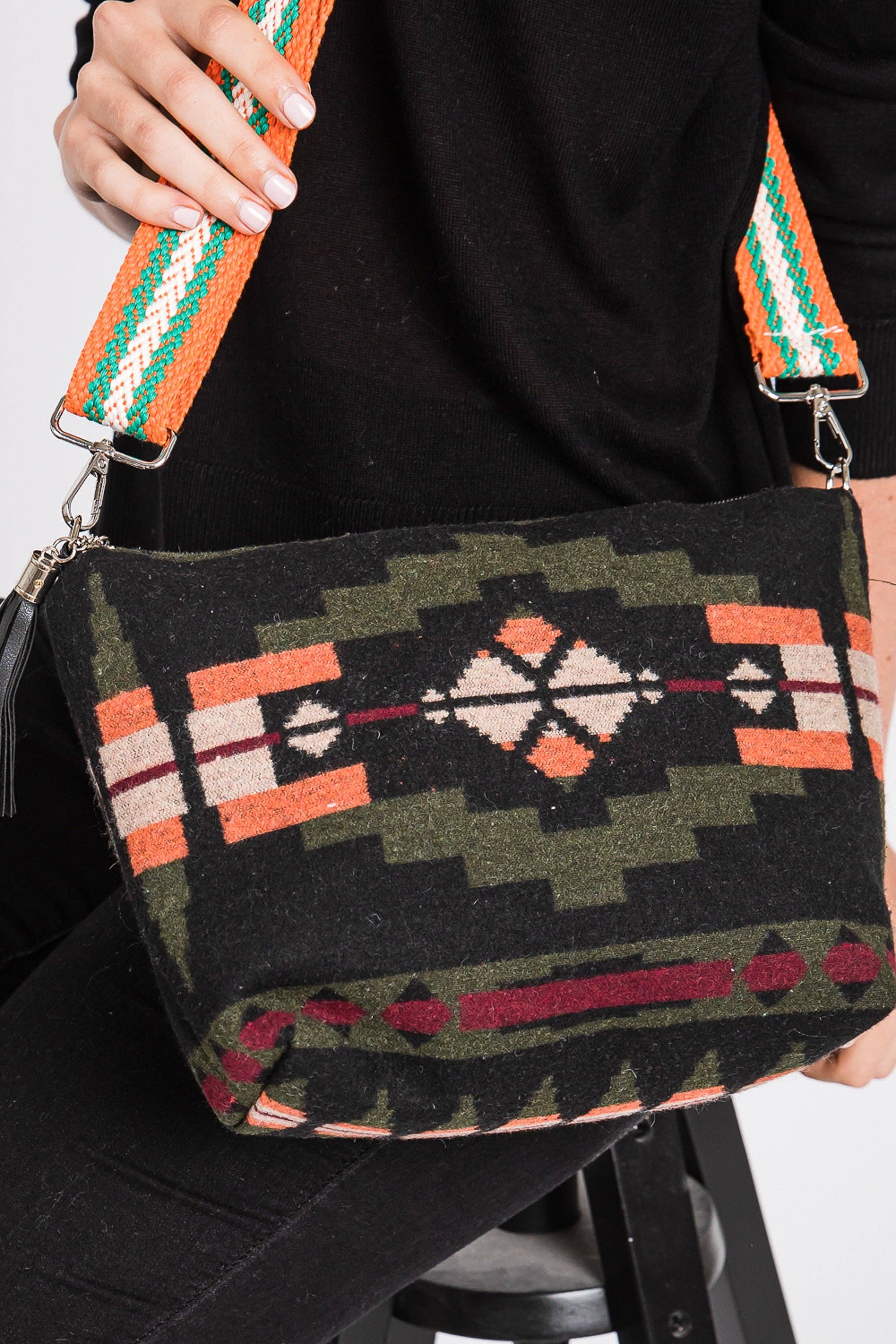 Orange Aztec Print Handbags  with Guitar Crossbody Strap and Tassel