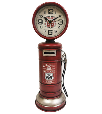 Vintage-style red gas pump clock and piggy bank with Route 66 design on a white background