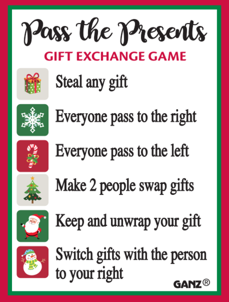 Pass the Present Gift Exchange Game Die and Instruction Card