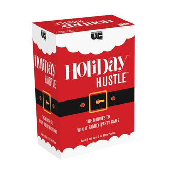Red box of 'Holiday Hustle' game with white text and a black belt graphic on a white background.