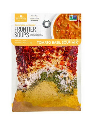 Packaging of Frontier Soups Tomato Basil Soup Mix with visible ingredients on a white background