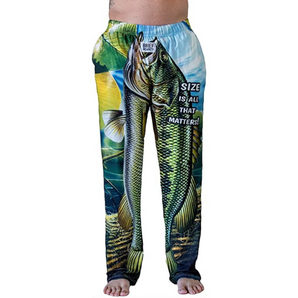 Size Matters lounge pants with giant bass graphic and humorous text on lightweight polyester-spandex fabric