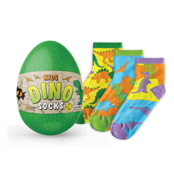 Green egg-shaped container with 'Kids Dino Socks' text, accompanied by colorful dinosaur-themed socks on a white background.