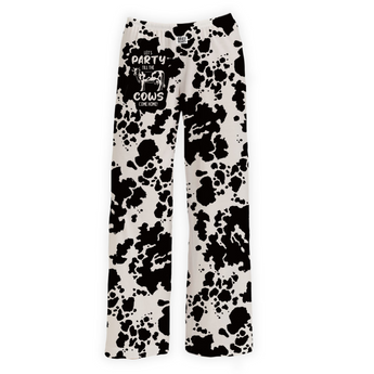 Party til the cows come home black and white cow print lounge pants for men and women. Polyester blend material for all day comfort pajama bottoms