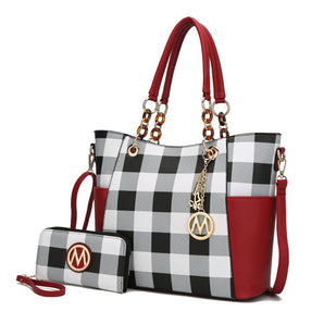 red Mia K Mariely checker tote handbag with matching wallet set