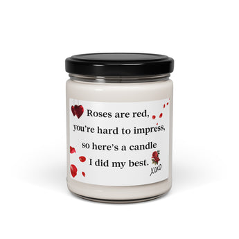 White sage and lavender soy candle with "Roses are red" snarky label.