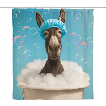 Funny donkey shower curtain with bubbles and shower cap