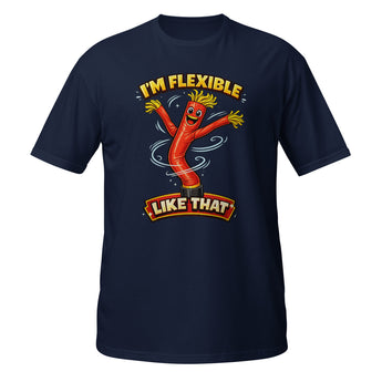 Cartoon tube man graphic tee with humourous I'm Flexible slogan
