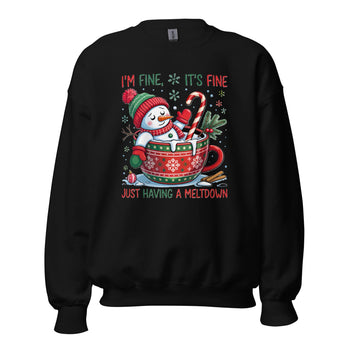 Funny snowman Christmas sweatshirt with snowman melting in coffee cup on black sweatshirt