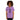 Woman wearing a purple t-shirt with a graphic and text on a white background