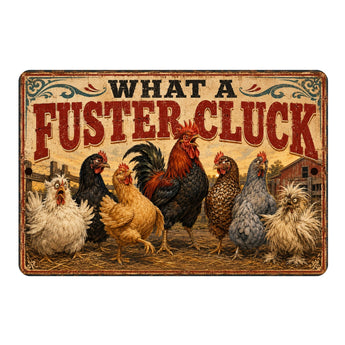 A rectangular vintage-style metal sign with the phrase “WHAT A FUSTER-CLUCK” in large distressed red letters above a group of illustrated chickens in black, red, brown, and white tones, shown on a plain white background.