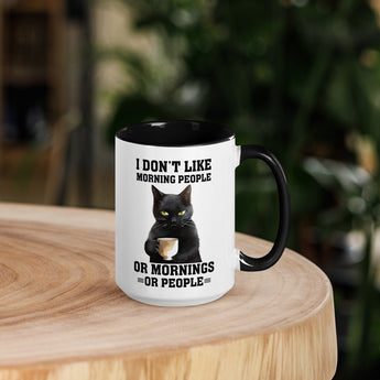 Cranky black cat and I Don’t Like Morning People quote on white coffee mug with black interior and handle