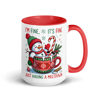 Funny Christmas coffee mug with melting snowman and candy cane design with red handle.