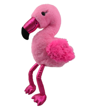 Frannie, the pink plush flamingo, is a 16" stuffed toy with soft pink body and silk fabric beak and feet.
