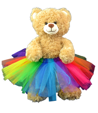 Rainbow colored tutu for dressing up teddy bears, and other plush animal toys 16 inches in size.