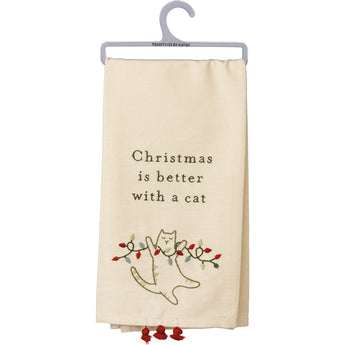 Christmas is better with a cat embroidered cotton linen kitchen towel